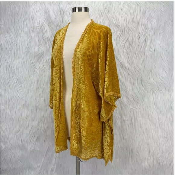 Natural Life Burnout Velvet Open Kimono Top Golden Yellow Boho Fairy Festival - Picture 9 of 14